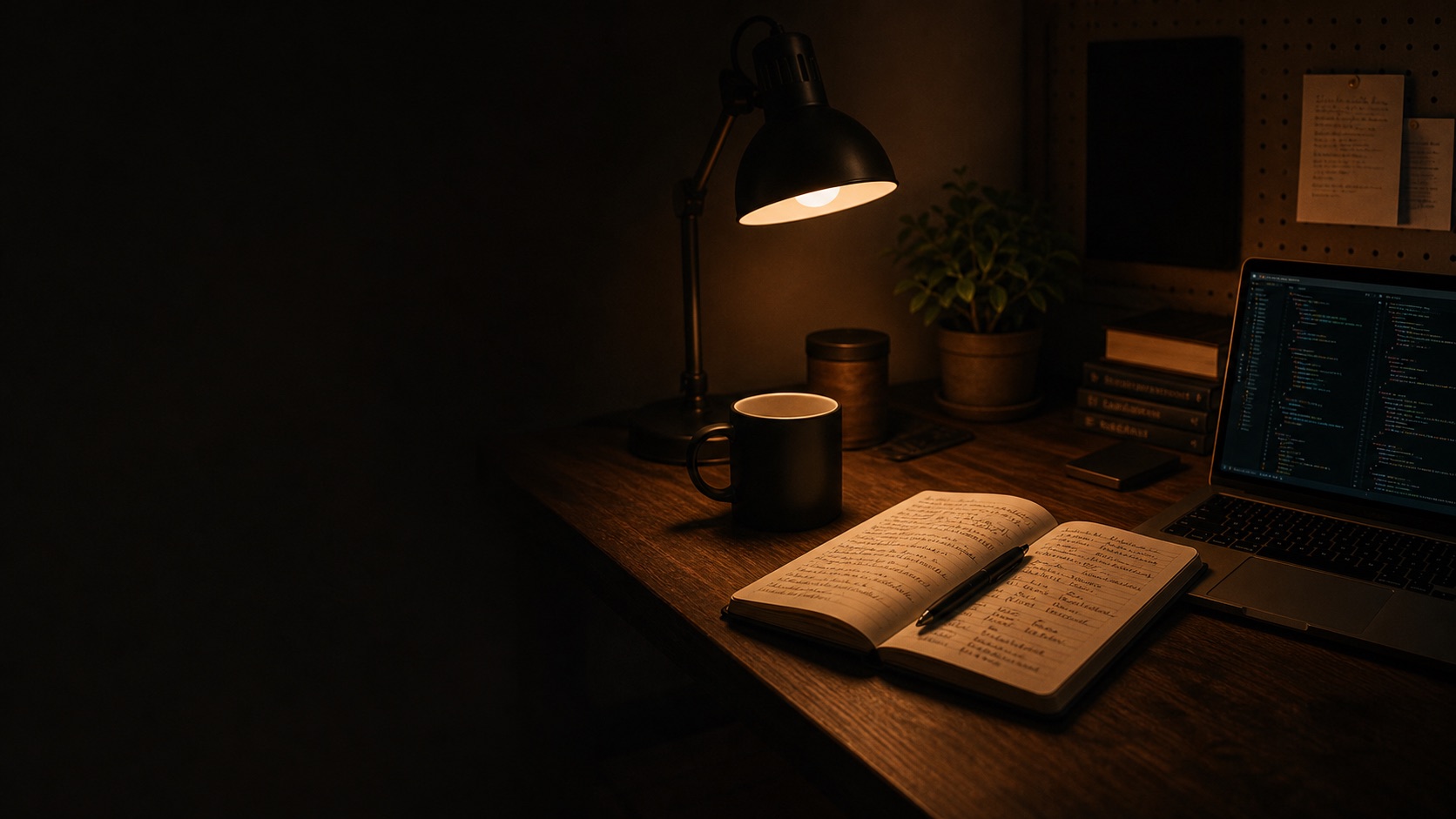 A warm evening workspace with a notebook, task lamp, and laptop